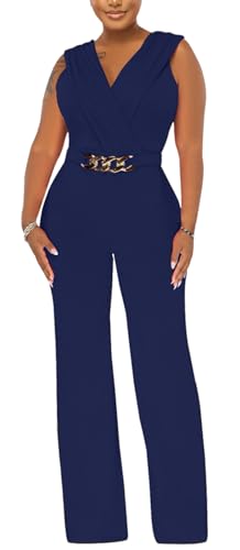 Navy Blue Jumpsuits for Women Dressy Wide Leg Backless Cocktail Party Rompers Elegant Deep V Neck Sleeveless One Piece Work Clubwear with Zipper Navy Blue XX-Large