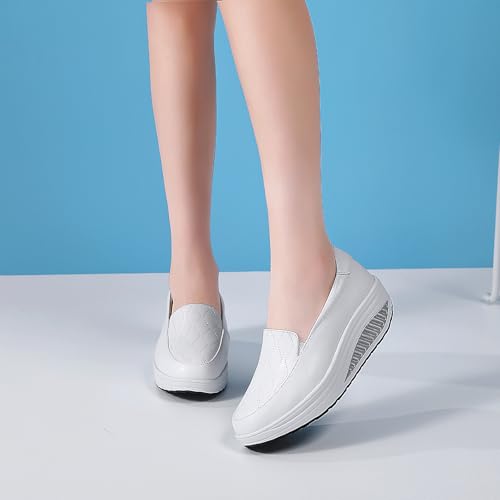 Image of Women's Leather Platform Slip On Nurse Loafers Comfortable Lightweight Wedge Orthotic Sneakers Casual Rocker Shoes