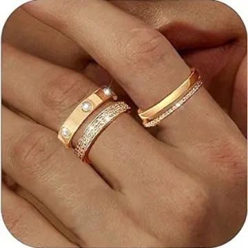 Stackable Golden Rings for Women Non Tarnish Dainty 14K Gold Plated Stackable Rings for Women Cubic Zirconia Ring Set Wedding Bands Engagement Rings golden