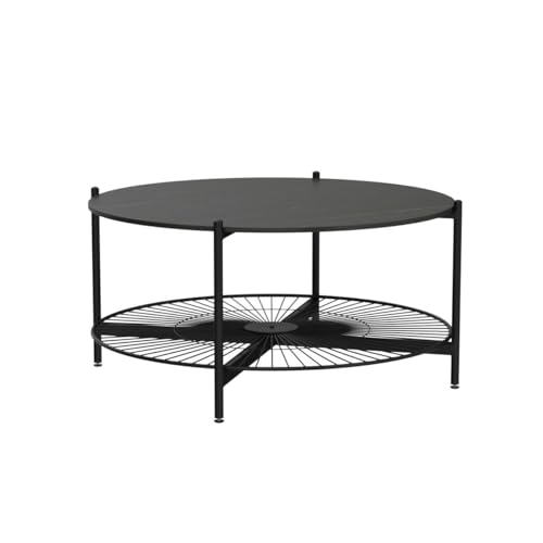 Image of NSdirect Round Coffee Table,36 inches Rustic Wooden Tabletop and Reinforced Crossbar with Open Storage Shelf Vintage Circle Cocktail Table with Metal Legs for Living Room,Black
