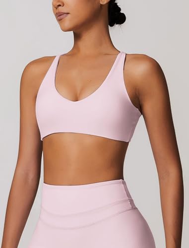 Image of ABOCIW Womens V Neck Twist Back Sports Bra Padded Low Impact Fitness Yoga Bra Workout Crop Top