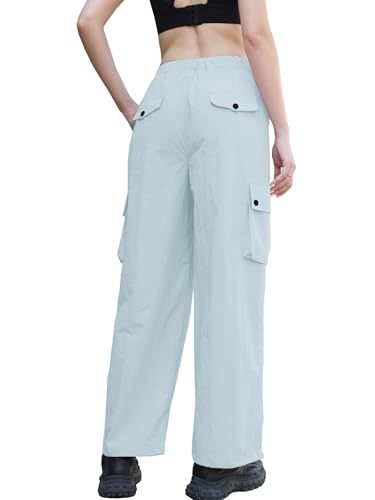 Image of Betusline Girls & Women's High Waist Wide Leg Cargo Pants Y2K Parachute Pants with Pockets and Drawstring 6 Years-Women 2XL