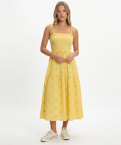 Image of Women Floral Embroidered Maxi Dress Boho Sleeveless Tie Strap Shoulder Dresses Smocked Summer Sundress with Pockets
