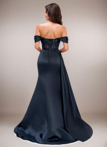 Off The Shoulder Prom Dresses for Women Lace Applique Bridesmaid Dress A-Line Formal Evening Party Gown Slit4