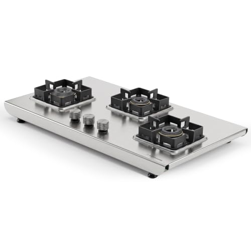 Image of Sunshine Osaka 3 Burner Stove | Auto Ignition Chulha | 3 Burner Gas Stove, Warranty By Sunshine - 5 Years On Burner | Brass Burner, ISI Certified, LPG Ready (Silver)