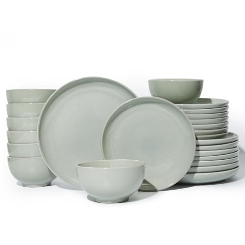 Pokini 24 Piece Dinnerware Set for 8, Santorini Mist Terracotta Plates and Bowls Sets, Complete Stoneware Dish Set for Large Families and Entertaining, Microwave & Dishwasher Safe, Slate Green