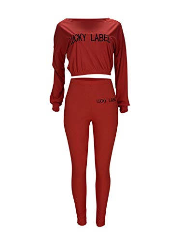 Bornpom Womens Two Piece Outfits Letter Print Sweatsuits Tracksuit Long Sleeve Sweatshirt and Sweatpants Set Red XL