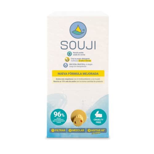 SOUJI, líquido único para reciclar aceite usado y crear detergente ecológico en 1 minuto. Envase familiar recarga 5l (132 lavados) múltiples usos de limpieza. Innovación 100%