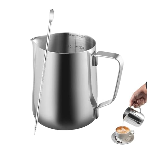 FHISKUNYU Bricco Latte Acciaio Inox 350ml con Latte Art Pen - Lattiera Latte Art per Barista, Bollilatte per Cappuccino, Espresso, Scaldalatte