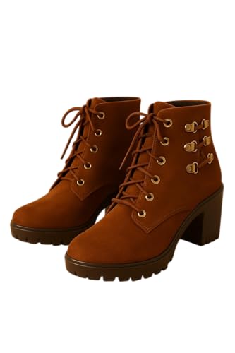 Image of Women's Ankle Boots | Stylish & Trendy Lace Up Design Fashion High Ankle Chelsea Boot with Heel | Durable Suede Leather Stylish Block Heeled Western Boots For Girls & Women
