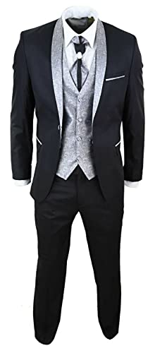 Men's Classic 4 Piece Wedding Groom Shawl Collar Black Cravat 2 Button Fastening Suit Tailored Fit
