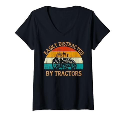 Mujer Vintage Retro Style Pine Tree Easily Distracted By Tractors Camiseta Cuello V