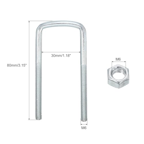 Image of uxcell Square U-Bolts, 8 Sets 30mm Inner Width 80mm Length M6 Zinc-Plated Carbon Steel U Clamp Bolt with Nuts and Plates, for Boat Trailer