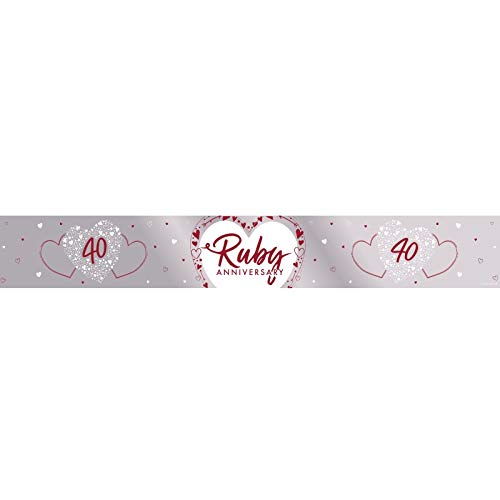 Anniversary House Ruby 40th Anniversary Foil Banner |Ruby and Silver Print Happy 40th Anniversary | Ruby Anniversary Party Decorations | 9ft Foil Banner| J055