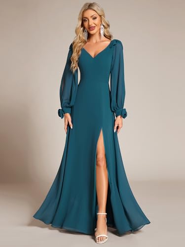 Image of Ever-Pretty Women's Fall Winter Formal Wedding Guest Dress Long Sleeve V Neck Chiffon Floor Length Bridesmaid Dresses 80116