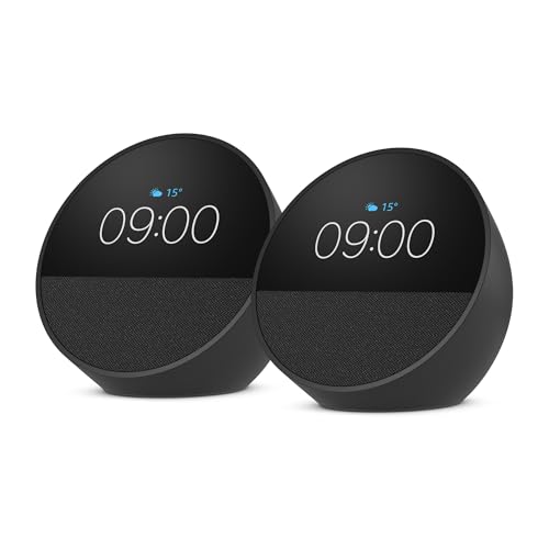Amazon Echo Spot (neueste generation), smarter Wecker mit sattem Klang, Schwarz, mit Alexa+ Early Access (Packung mit 2) – Ansicht 1