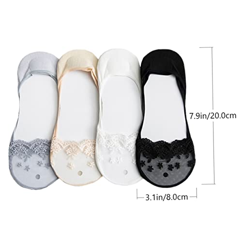 ABOOFAN 4pairs Summer Cotton Lace Socks for Women Embroidered Invisible Boat Socks Anti-slip Heel Design for Low Cut Shoes Random Colors2