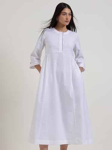 Image of Pink Fort Women Casual & Work Dress | Fit & Flare Midi with Round Neck, 3 /4 Sleeves, Solid Pattern & Pockets | Linen Blend Fabric for Smart Workdays & Summer Comfort