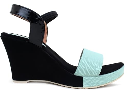 Image of Action Women's Suede Wedge Sandals| Black and Mint| Ankle Strap| Heel Aqua