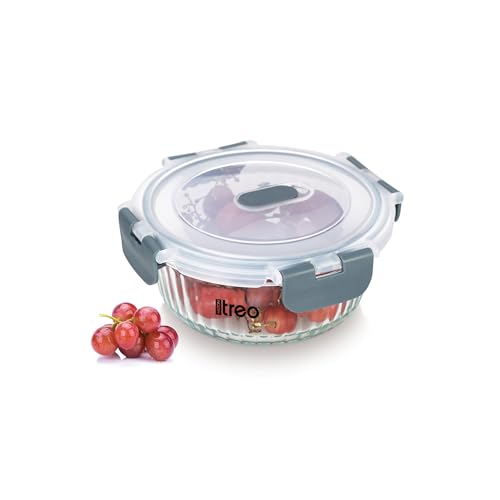 Treo By Milton Clip Fresh RIB Round 620 ml Premium High Borosilicate Glass Container – Airtight, Leak-Proof, Microwave & Dishwasher Safe with Air Vent, Stackable & 100% Food Safe Design