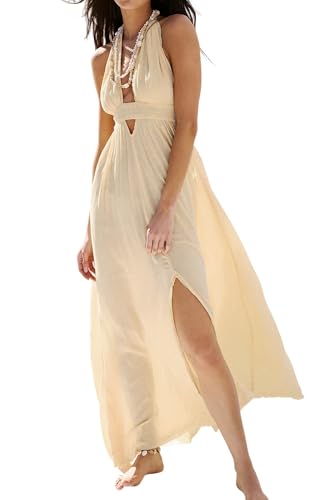 Image of R.Vivimos Boho Maxi Dresses for Women 2026 Summer Sleeveless Halter Elastic Waist Sexy Backless Front Slit Flowy Long Dresses