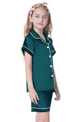 Image of Umeyda Women & Girls Pajamas Set, 2 Piece PJS Satin Silk Sleepwear Button-Down Top with Shorts for Mom Kids Gifts