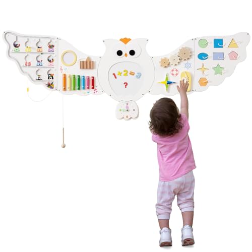 COSTWAY Tableros de Actividades de Pared para Niños de Búho, 11 en 1 Paneles de Actividades para Niños, Juguete Educativo Sensorial Montessori de Madera para Niños de 3+ Años, Sala de Juegos Guardería