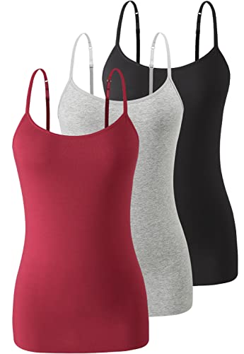 Image of Air Curvey 3 Pack Camisole Tops for Women Built in Bra Adjustable Spaghetti Strap Cotton Undershirt Tanks Layering Tops