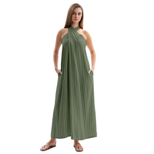 Image of Amazhiyu Women's Linen Striped Halter Sleeveless Maxi Dresses Summer with Pockets