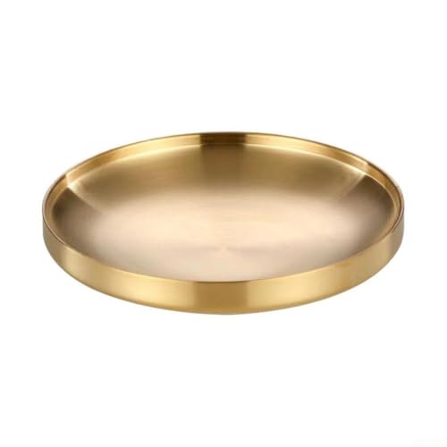 Honseadek Mesas de acero inoxidable dorado, bandeja redonda antideslizante con base para elegante plato de servir de doble capa, fiestas, comedor, acero y mesa de café (19 cm)
