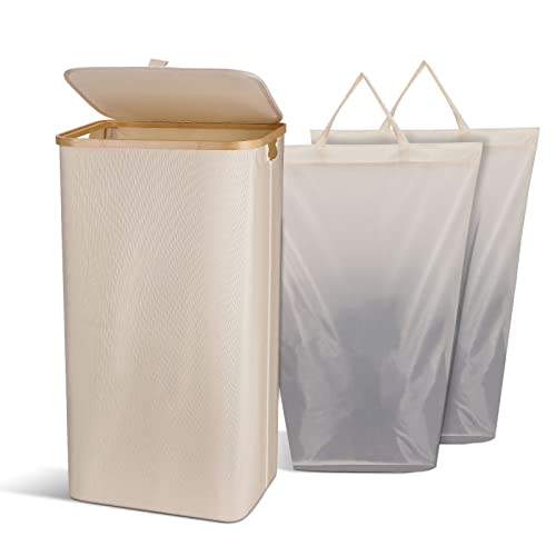 Laundry Basket with Lid, 100L Large Laundry Collector Storage Basket with 2 Removable Washable Laundry Bags, Foldable Big Laundry Sorter Made of Bamboo and Oxford Fabric for Bedrooms, Bathroom