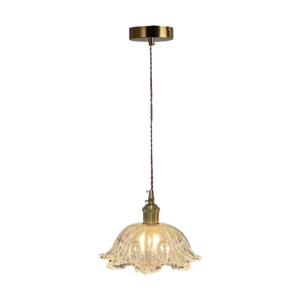 NHPJFDC Retro Chic 8.3-Inch Flower Glass Pendant Light, Mid-Century Brass Hanging Lamp with 59.1-Inch Adjustable Twisted Cord E26 Socket for Kitchen Island Bedroom Cozy Dining Room