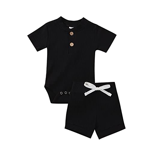 Image of Aweyoo Baby Boys Girls Summer Clothes Unesix Infant Ribbed Knitted Cotton Short Sleeve Romper + Pants 2pcs Clothes Set
