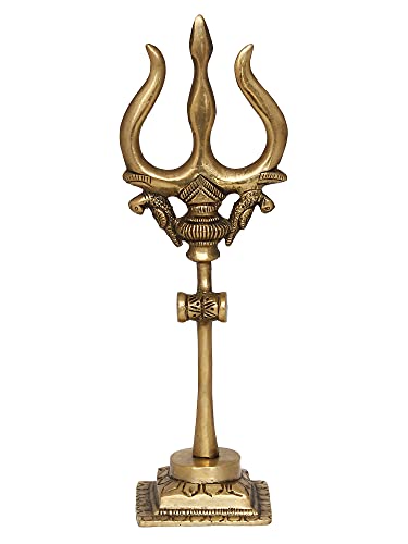 Image of eCraftIndia Golden Brass Handcrafted Trishul with Damru Statue | Trishul for Pooja Mandir Home Temple | Gift for Diwali Housewarming Maha Shivratri
