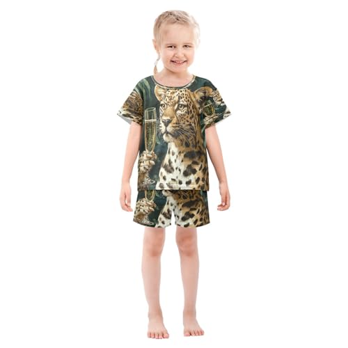Pajama Sets Short Sleeve Leopard Holding Glass Wine Soft Cotton Summer Sleepwear 2 Piece PJS Size 5-14T4