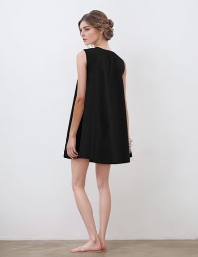 Image of Women's Summer Babydoll Dress Scoop Neck Bubble Mini Dress with Pockets Sleeveless Flowy Tank Preppy Dresses Party