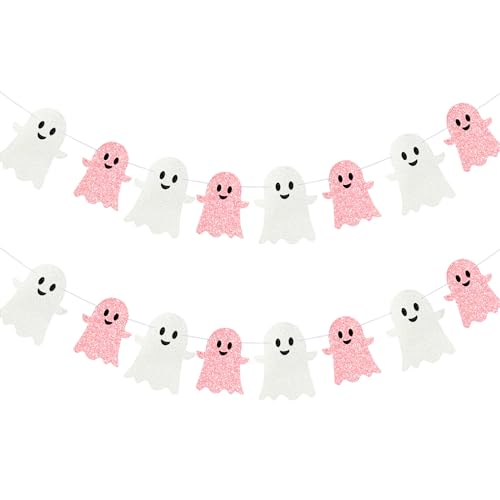 EUVBOKW 2Pack Pink Halloween Decorations,Pre-Strung Pink Glitter...