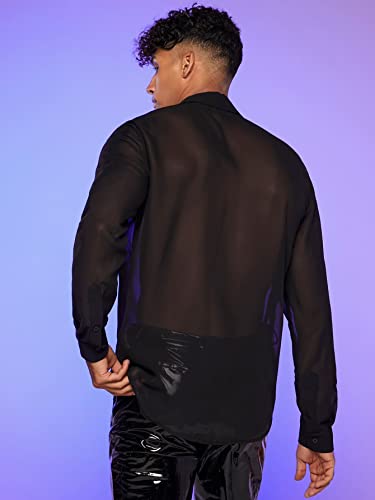 Verdusa Men's Long Sleeve Sheer Mesh Ruffle Trim Button Down Shirt Top2