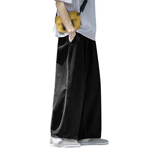 Mens Jeans Relaxed Fit Elastic Waist Wide Leg Baggy Denim Pants with Pockets Fashion Streetwear Casual Jean Trousers