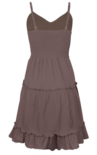 Image of FANCYINN Women Floral Casual Tiered Mini Dresses Spaghetti Strap V Neck Backless A Line Swing Short Dress with Pockets