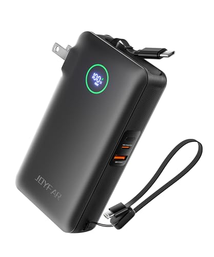 Image of Portable Charger Power Bank - Battery Pack 35W AC Plug GaN 10000mAh Built in Cable USB C Phone Fast Charging Powerbank Compatible with iPhone 16 15 14 13 12 11 X iPad MacBook Samsung (Black)