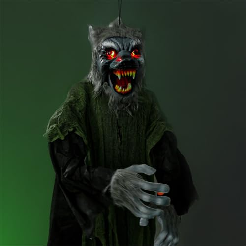 Life-Size Animated Wolf Halloween Decorations Outdoor Sound Touch Activated Halloween Werewolf Prop with Red Light-Up Eyes Movable Mouth Spooky Hanging Wolf Decor for Haunted House Porch & Lawn