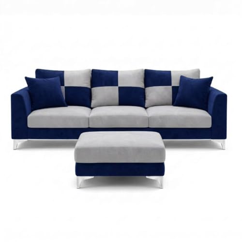 Image of Romeo Rich 4 Seater L Shape Sofa Set with Movable Ottomans | Flexible Layout | Velvet Suede Fabric | Golden Aesthetic Legs | Dual Tone Modern Sofa for Living Room (Dark Blue-Light Grey)
