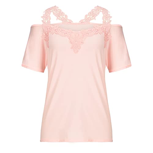 Women\'s Lace Strap Short Sleeve Casual V-Neck Loose T-Shirts Off Shoulder Comfort Tops Pink