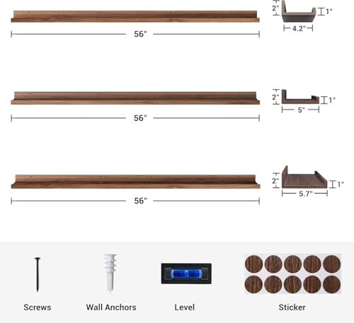 Image of Genuine Decor 56 Inch Walnut Solid Wood Floating Wall Shelf, Long Wall Shelf for Living Room