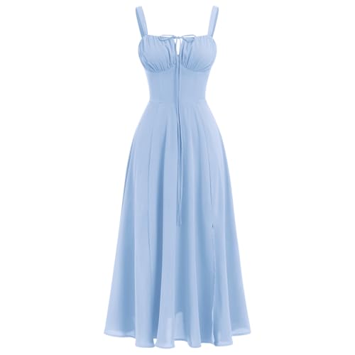 Image of IBTOM CASTLE Women Corset Dress Sleeveless Spaghetti Straps Casual Dresses Boho Slit Lace Up Flowy Midi Bustier Sundress