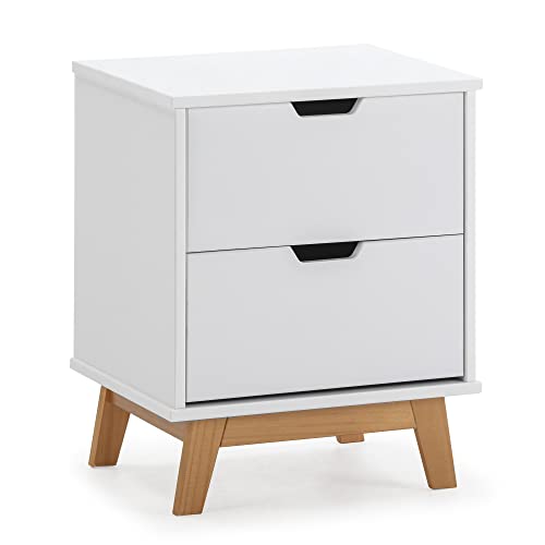 VS Venta stock Mesita de Noche Miranda de 2 cajones Blanco, DM Lacado, Patas de Madera y guías metálicas