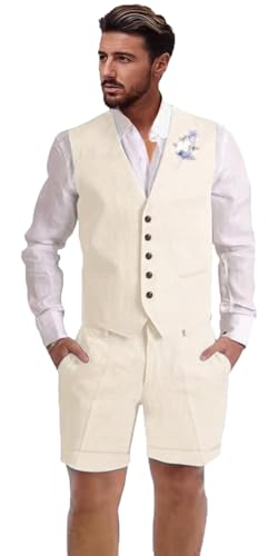 Dsteng Traje de Lino para Hombre, 2 Piezas, Traje Corto para Hombre, Casual, Verano, Playa, Boda, Chaleco de Lino, Conjunto de Pantalones Cortos, Beige, X Large
