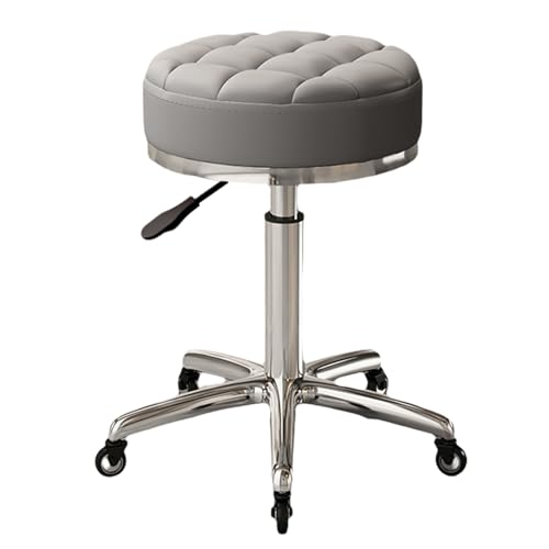 Taburete Tocador Maquillaje con Ruedas, Regulable Altura 44-55cm, Asiento Tapizado de Cuero Sintético, para Trabajo Estudio, Oficina Clínica(Gray)