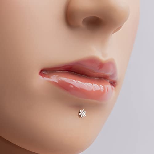 Natural Diamond 14K Yellow Gold Flower Nose Lip Labret Monroe Ring Stud Screw With 6 Mm Long And 16 Gauge Thick Post #TOP3